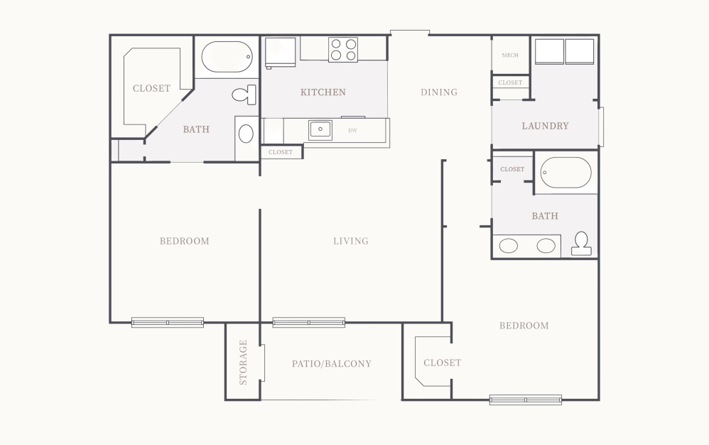 D - 2 bedroom floorplan layout with 2 bathrooms and 1165 square feet