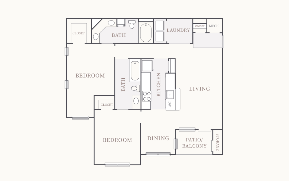 E - 2 bedroom floorplan layout with 2 bathrooms and 1165 square feet
